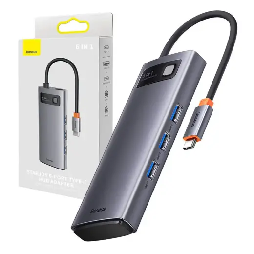 Hub 6in1 Baseus Metal Gleam Series, USB-C to 3x USB 3.0 + USB-C PD +  microSD|SD