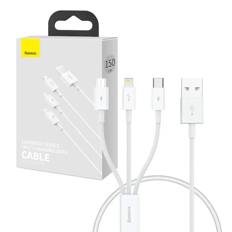 Baseus P10320105221-00 3-in-1 datu pārraides un uzlādes vads | USB-A uz USB-C, Lightning, Micro USB | 17.5W | 0.5m | balts