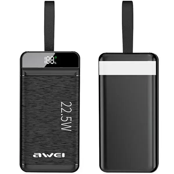 AWEI P141K external battery (powerbank) | 40000 mAh | 22.5W | USB-A, USB-C, Lightning, Micro USB | LED display, LED flashlight | black