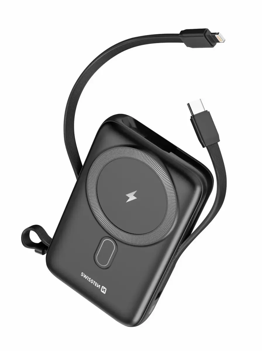 Swissten External Battery 10000 mAh 20W with built-in USB-C and Lightning cables (Compatible with MagSafe)