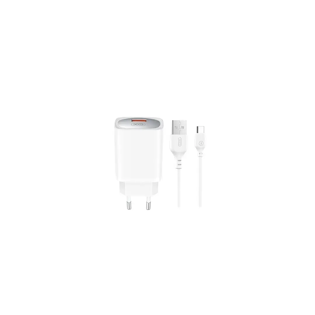 XO CE19 tīkla lādētājs | 18W | QC | USB-A | ar USB-A uz USB-C vadu komplektā | balts