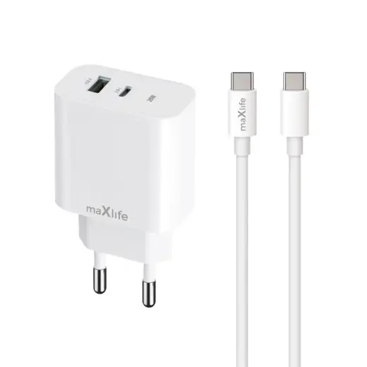 Maxlife MXTC-06-20AC tīkla lādētājs | 20W | PD, QC | USB-C, USB | USB-C uz USB-C vads komplektā | balts