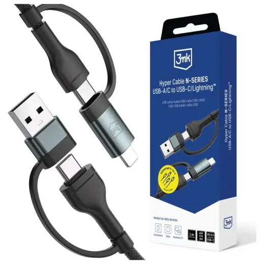 3MK Hyper N-SERIES 4-in-1 duomenų perdavimo ir įkrovimo laidas | USB-A į USB-C, Lightning | 60W | 1.2m