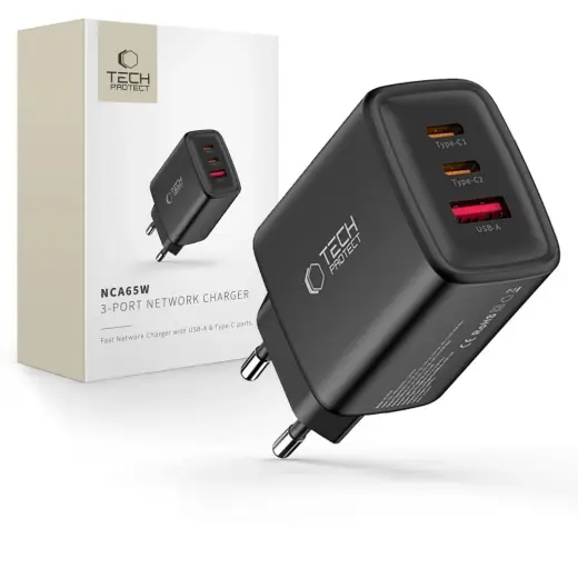 Tech-Protect NCA65W-GAN reisilaadija | 65W | PD, QC, GaN | USB-C, USB-A | must