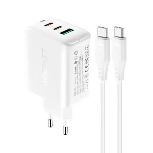Acefast 2in1 charger 2x USB Type C | USB 65W, PD, QC 3.0, AFC, FCP (set with cable) white (A13 white)