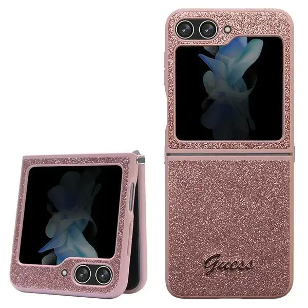 Guess GUHCZF5HGGSHP F731 Samsung Galaxy Z Flip5 cietais maciņš ar mirdzošo rakstu, rozā krāsām