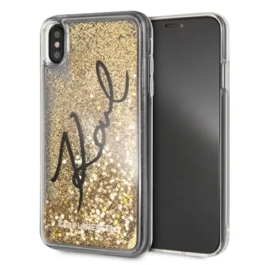Karl Lagerfeld KLHCI65TRKSIGGO iPhone Xs Max złoty|gold hard case Signature Liquid Glitter Stars