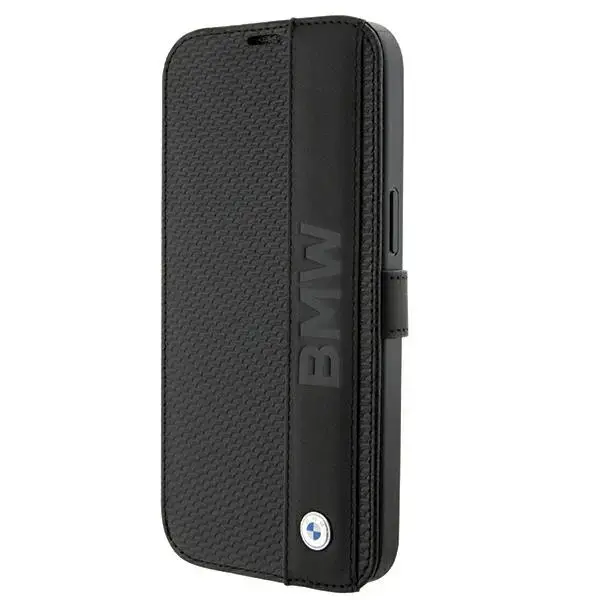 BMW BMBKP15S22RDPK iPhone 15 6.1" czarny|black bookcase Leather Textured & Stripe
