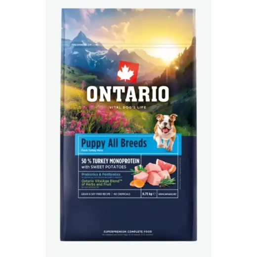 Barība kucēniem – Ontario Puppy and Junior All Breeds, Monoprotein, Turkey and Sweet Potatoes, 0,75 kg