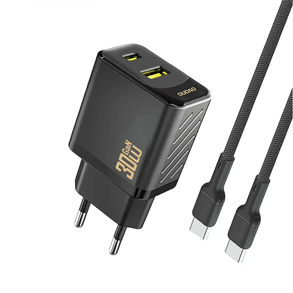 Dudao A27TCEU tīkla lādētājs | 30W | PD, GaN | USB-A, USB-C | ar USB-C uz USB-C vadu komplektā | melns