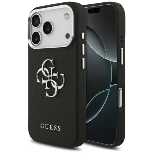 Guess Grained Big 4G Classic Logo maciņš telefonam iPhone 17 Pro melns