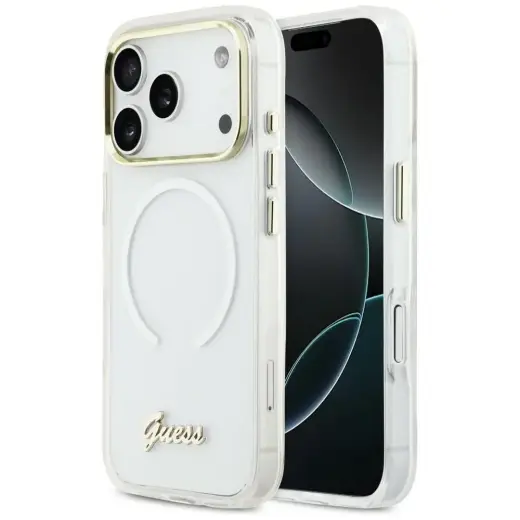 Guess IML Gradient Script Metal telefoni ümbris MagSafe toega iPhone 17 Pro valge