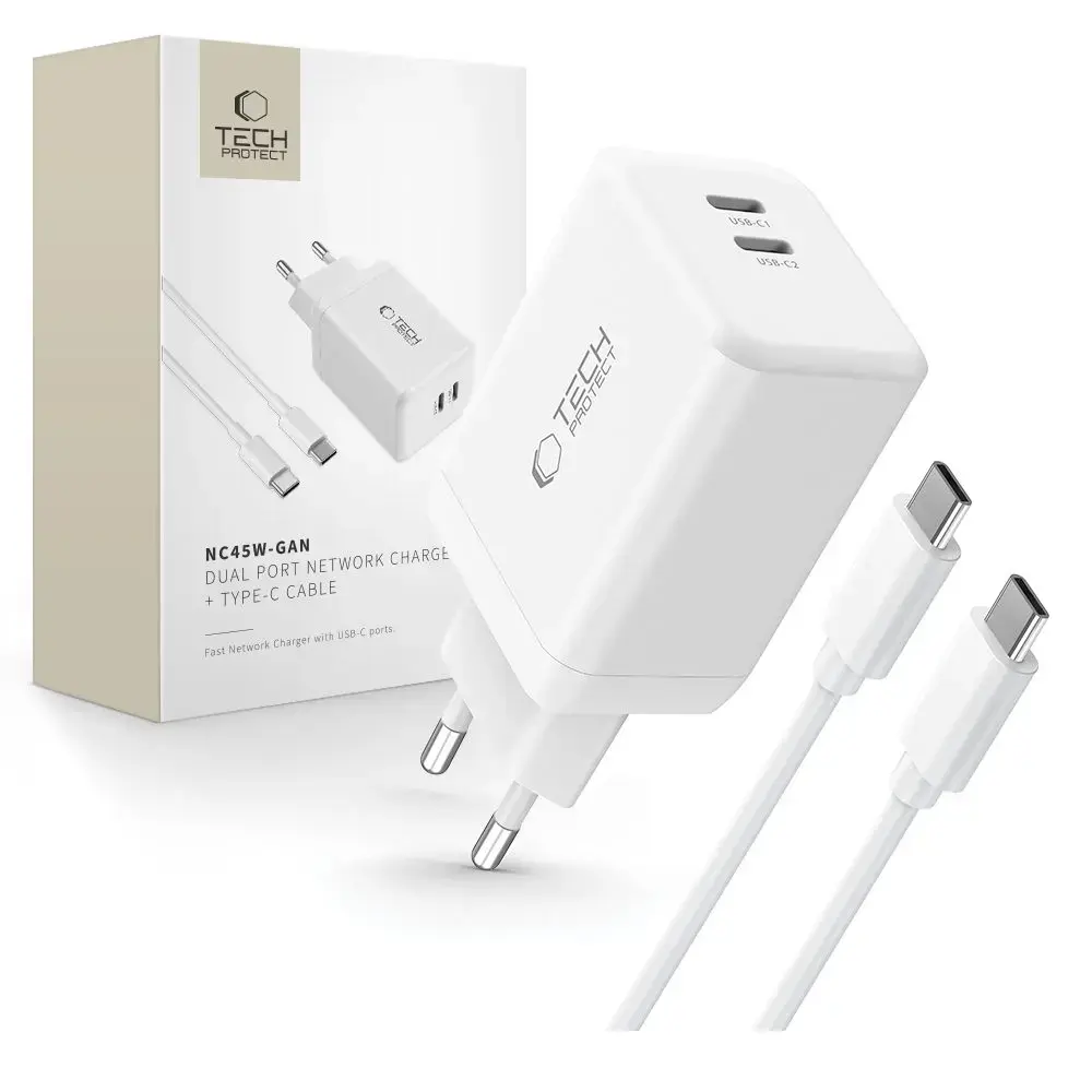 TECH-PROTECT NC45W tīkla lādētājs | 45W | GaN, PD | USB-C | USB-C uz USB-C vads komplektā | balts