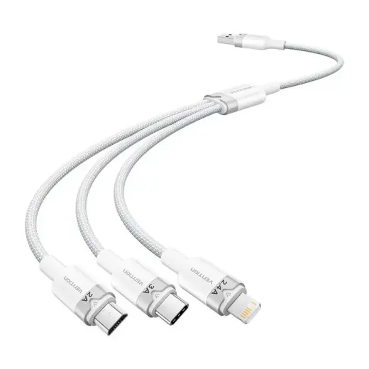 Vention CTPWG 3-in-1 datu pārsūtīšanas un uzlādes kabelis | USB-A uz USB-C, Lightning, Micro USB | 60W | 1,5m | balts