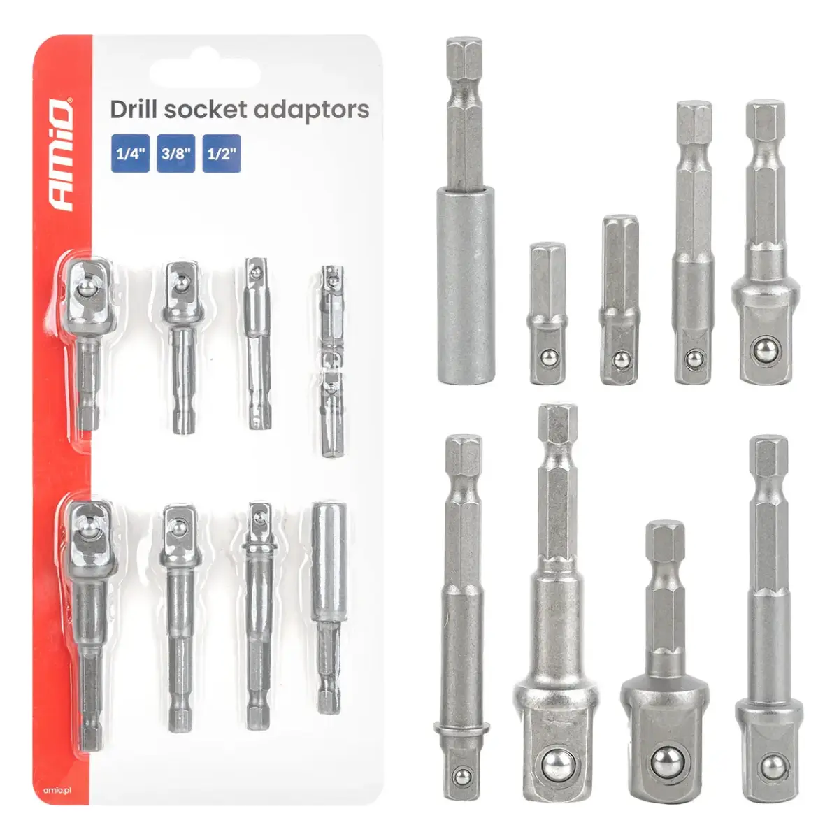 Drill socket adaptors 9el. 1/4", 3/8", 1/2" AMIO-04931