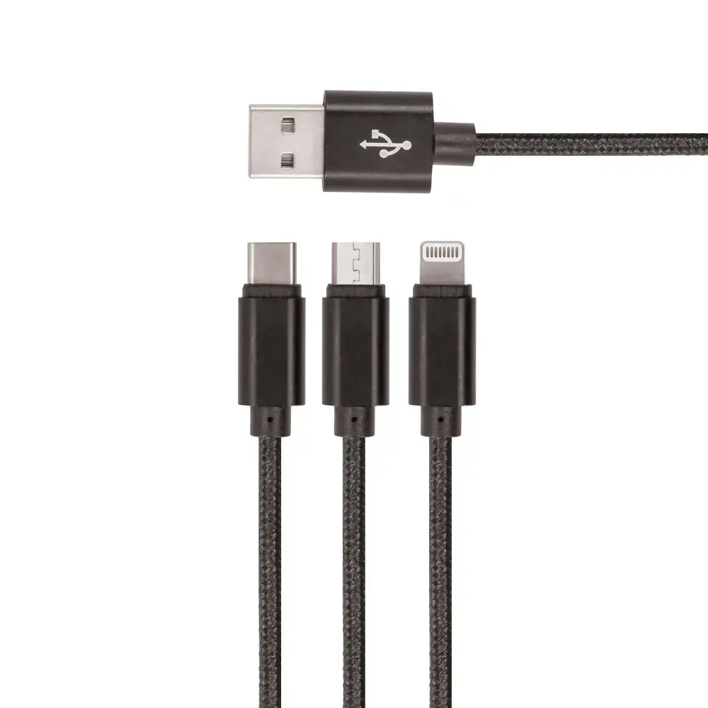 Setty 3-in-1 datu pārraides un uzlādes vads | USB-A uz Lightning, USB-C, Micro USB | 10W | 1m | melns