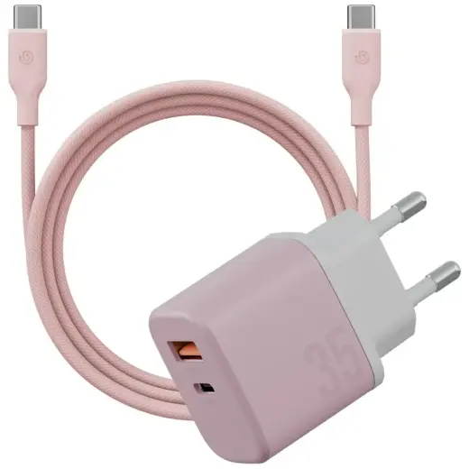 ENERGEA GoPort Velox Kit tīkla lādētājs | 35W | GaN | USB-C, USB-A | ar USB-C uz USB-C vadu komplektā | rozā