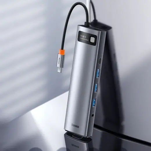 Centrmezgls 11in1 Baseus Metal Gleam Series, USB-C līdz 3x USB 3.0 + 2x HDMI + USB-C PD + Ethernet RJ45 + microSD|SD + VGA + AUX