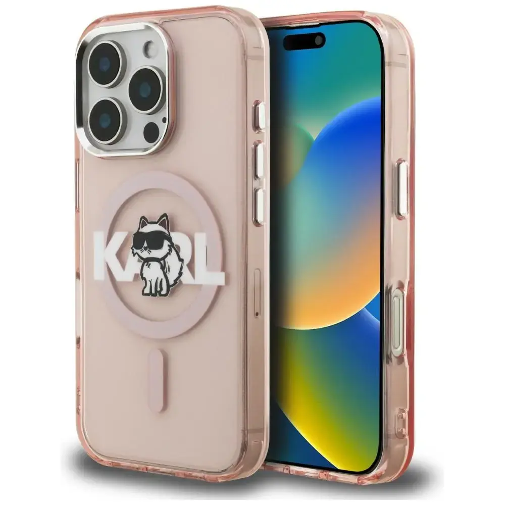 Karl Lagerfeld IML Choupette Sketch Logo maciņš ar MagSafe atbalstu telefonam iPhone 16 Pro rozā (kaķis)
