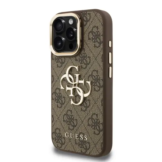 Guess PU 4G metāla logotipa statīva kamera rāmja vāciņš iPhone 16 Pro brūns