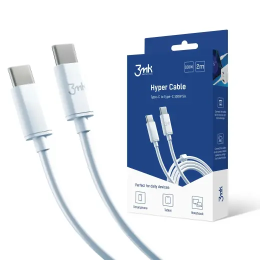 3mk Hyper data transfer and charging cable | USB-C to USB-C | 100W | 2m | white