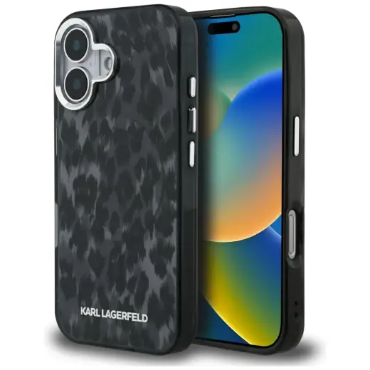 Karl Lagerfeld IML Leopard Pattern maciņš ar MagSafe atbalstu telefonam iPhone 16 melns