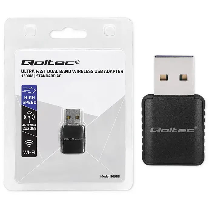 Qoltec Wireless Ultra fast DUAL mini WiFi adapter 2 x 2dBi  | Standard AC | USB 3.0 | 1300Mbps