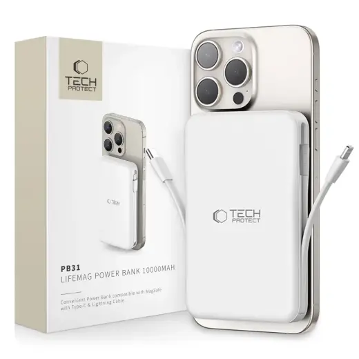 Tech-Protect LifeMag PB31 ārējais akumulators (powerbank) | 10000 mAh | 15W | USB-C, USB-A, Lightning, MagSafe | balts