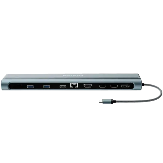 CANYON DS-90, 14 in 1 hub, with Type C female *2,Type C male *1:max 10Gbps,USBA*3:max 10Gbps,DP*1，VGA*1,SD card slot*1,TF card slot*1,Audio 3.5 audio*1,HDMI*2,RJ45*1,cable length 0.20m,Aluminum alloy housing,76*22.5*301mm,Dark grey