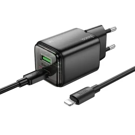 HOCO N52 reisilaadija | 20W | PD, QC | USB-C, USB-A | USB-C kuni Lightning kaabliga komplektis | must