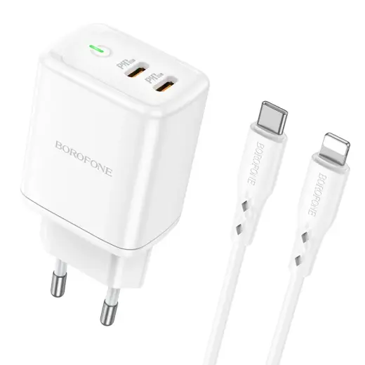 Borofone Wall charger BN9 Reacher - 2xType C - QC 3.0 PD 35W with Type C to Lightning cable white