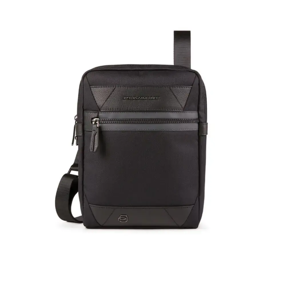 Piquadro, Trakai, Leather & Fabric, Small, Textile Crossbody Bag, Black, 27 x 21 x 5 cm, For Men