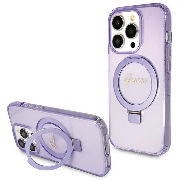 Guess GUHMP13LHRSGSU iPhone 13 Pro | 13 6.1" fioletowy|purple hardcase Ring Stand Script Glitter MagSafe