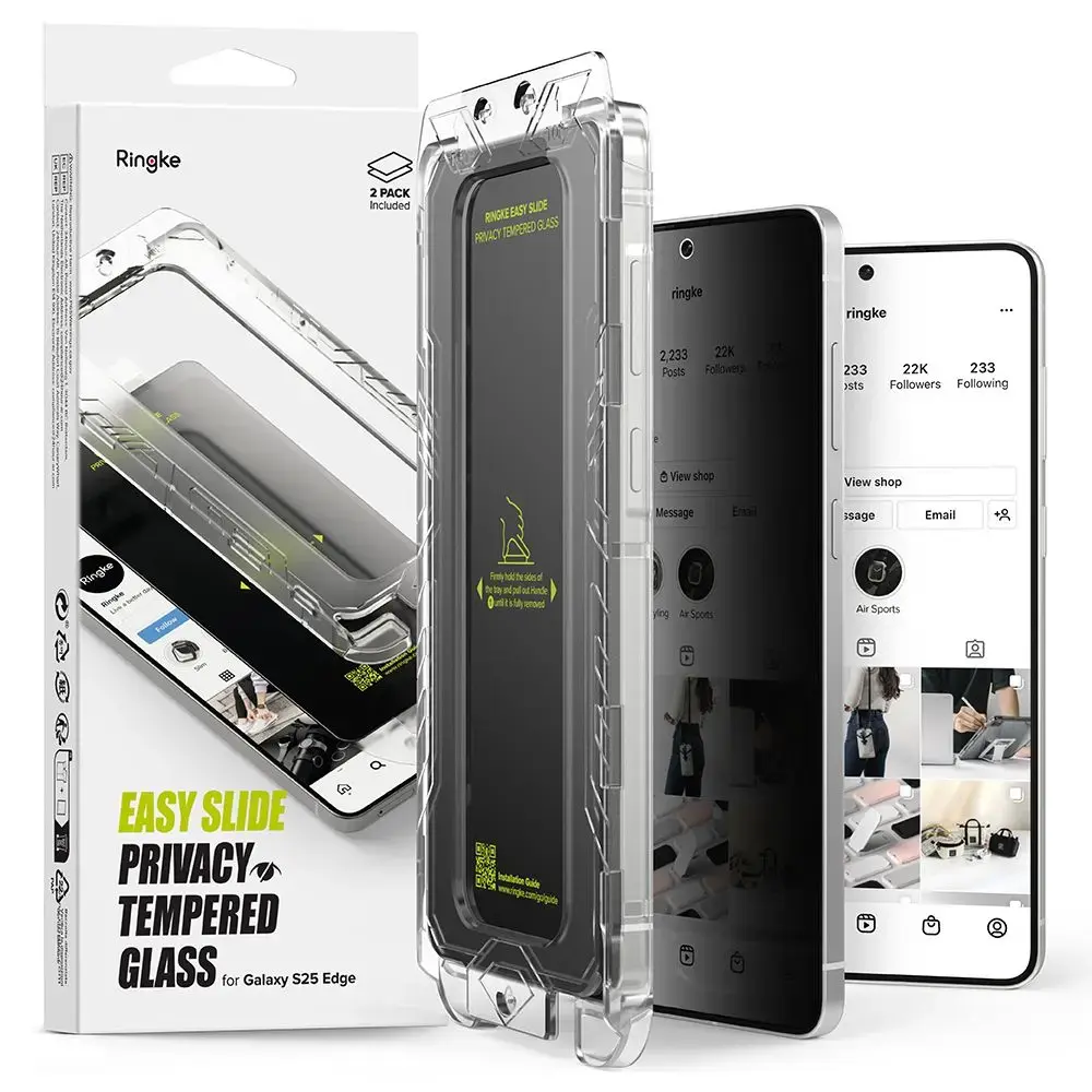 Ringke Easy Slide aizsargstikls telefona ekrānam Galaxy S25 Edge (privātuma efekts) ar uzstādīšanas rāmi (2 gab.)
