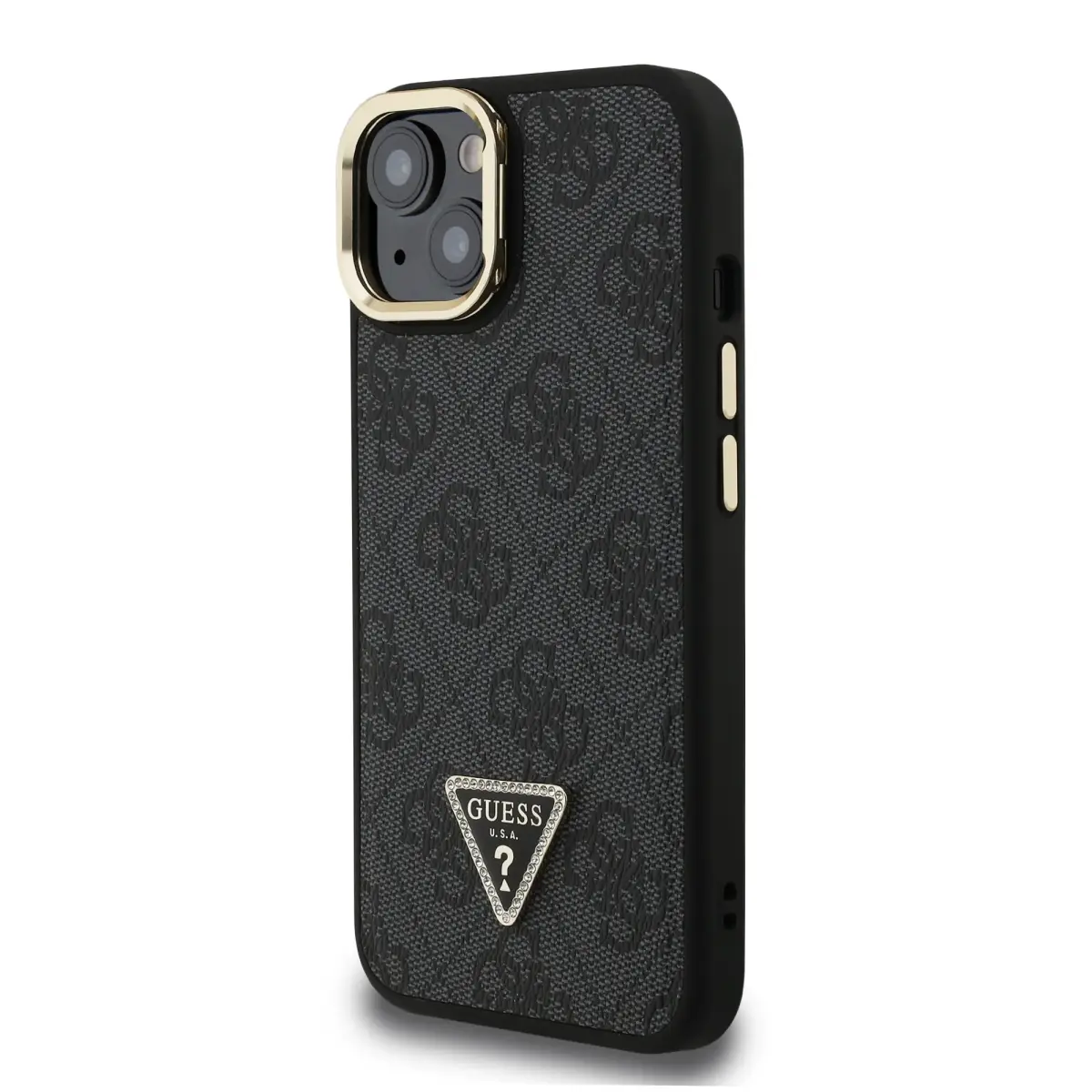 Guess PU 4G Strass Triangle Logo Stand Camera Frame MagSafe Case for iPhone 13 Black