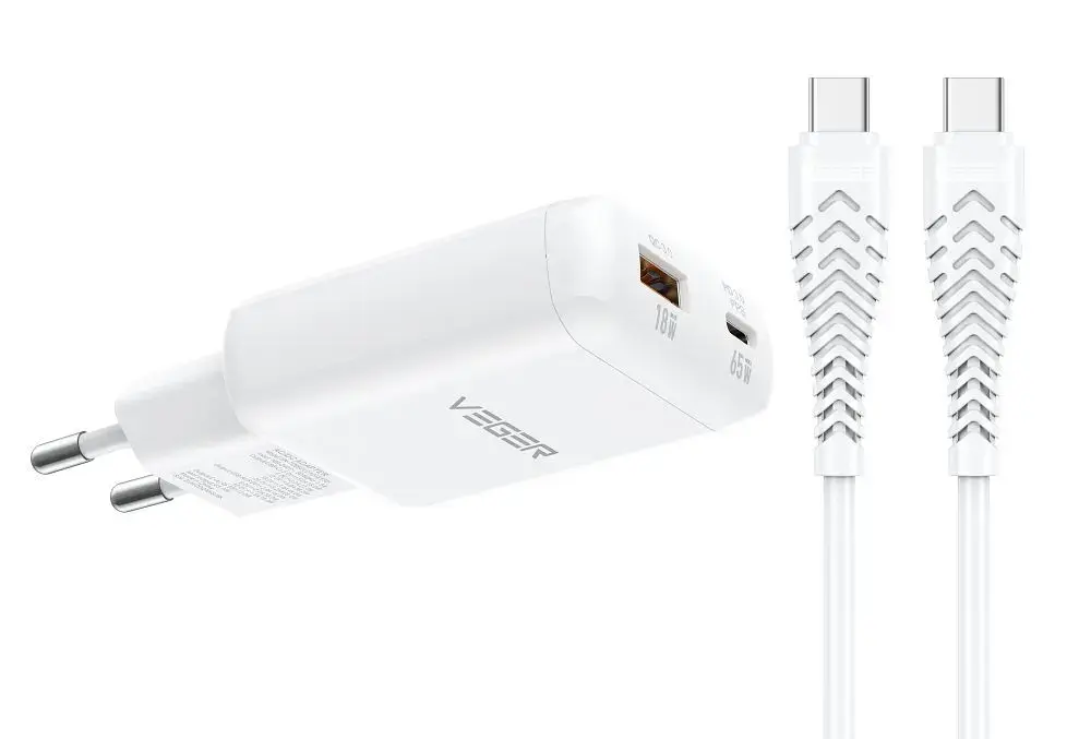 Phone charger USB A + Type C PD 65W + data cable Type C to C 100W VEGER TR122 white