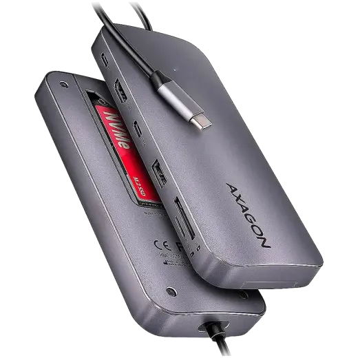 Axagon Multi port USB-C 10Gbps hub. NVMe/SATA M.2, HDMI, card reader and Power Delivery. Cable USB-C 20 cm.