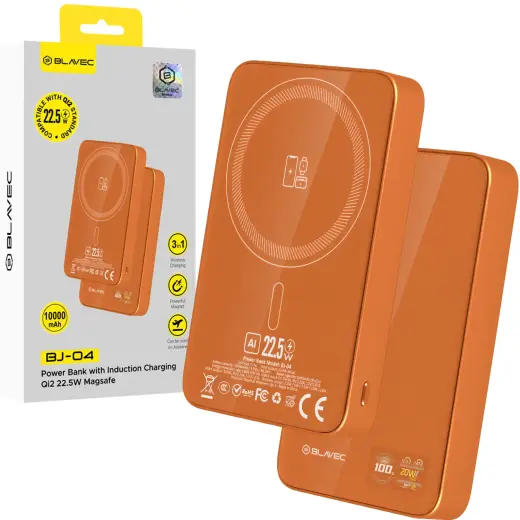 Blavec BJ-04 Slim išorinė baterija (powerbank) | 10 000 mAh | 22.5W | USB-C, Wireless, MagSafe | oranžinis