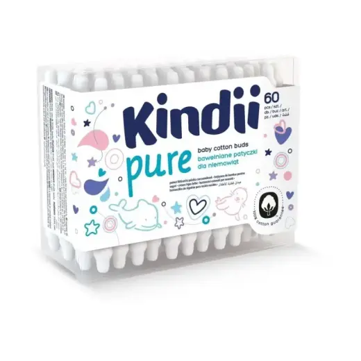 Ватные палочки для младенцев Kindii Pure в картонной коробке с пластиковой крышкой, 60 шт.