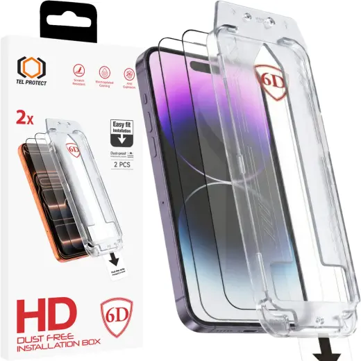 Tel Protect Dust-Free Easy Fit Full Glue 6D Tempered Glass for Iphone 14 Pro black - 2 pieces