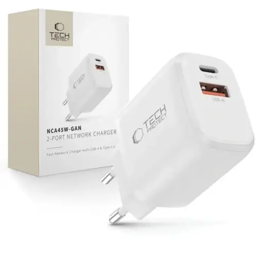 Tech-Protect NCA45W-GAN tīkla lādētājs | 45W | PD, QC, GaN | USB-C, USB-A | balts