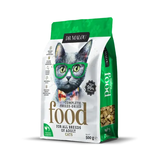 Liofilizēta barība kaķiem - DR Malou, Chicken with salmon, Adult Cats, 500g