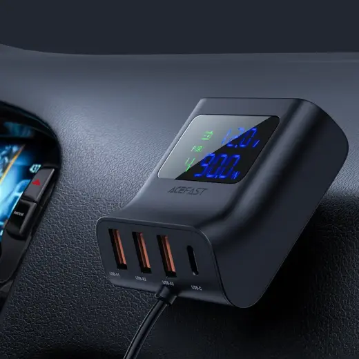 Acefast B8 car charger | 90W | PD, QC, PPS | USB-A, USB-C | with LCD display | black