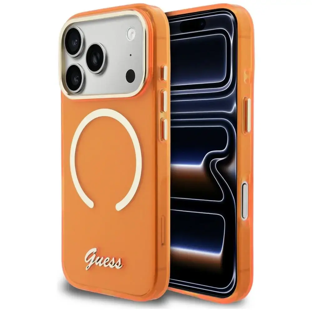 Guess IML Script Metal maciņš ar MagSafe atbalstu telefonam iPhone 17 Pro oranžs