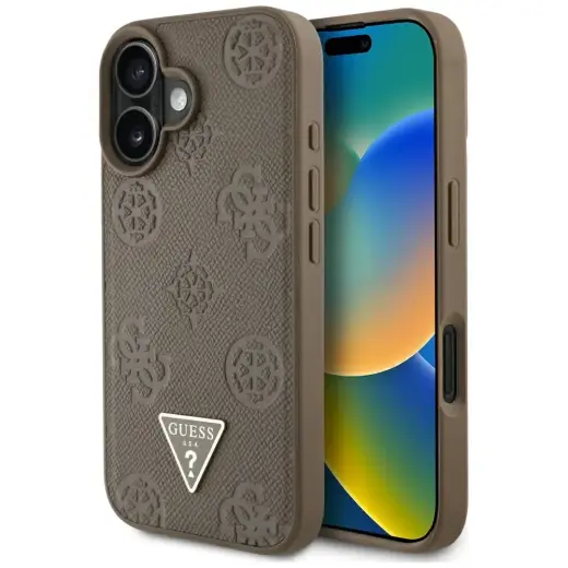 Чехол для телефона Guess Grained Hot Stamp Peony Triangle Logo MagSafe для iPhone 16 коричневый