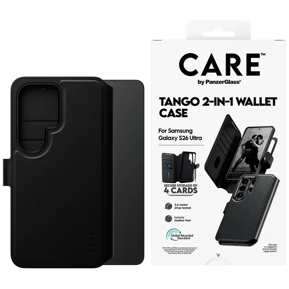 CARE by PanzerGlass Tango 2-in-1 grāmatveida maciņš telefonam Samsung Galaxy S26 Ultra (S948) melns