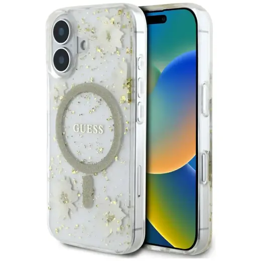Guess Resin Flowers with glitter phone case for iPhone 16 beige with MagSafe support