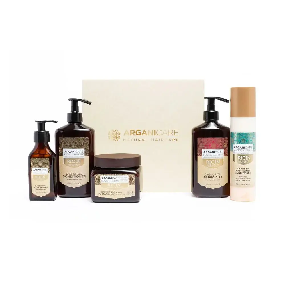 Set Arganicare: Ricin, Hair Shampoo, For Growth Stimulation, 400 ml + Honey, Hair Serum, Hydrating & Strengthening, 100 ml + Ricin, Hair Conditioner, For Growth Stimulation, 400 ml + Ricin, Hair Treatment Cream Mask, For Growth Stimulation, 500 ml + Ricin, Hair Spray Treatment, Anti-Frizz, 250 ml