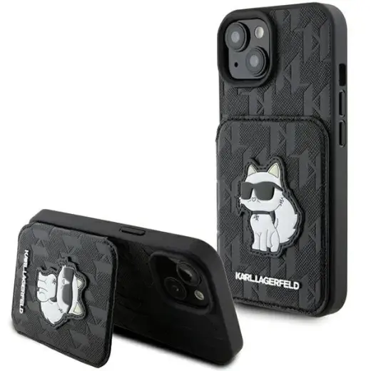 Karl Lagerfeld KLHCP15SSAKCNSCK iPhone 15 6.1" czarny|black hardcase Saffiano Cardslots and Stand Monogram Choupette