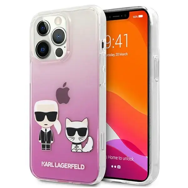 KLHCP13LCKTRP Karl Lagerfeld PC|TPU Ikonik Karl and Choupette Case for iPhone 13 Pro Pink